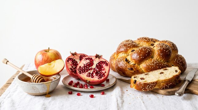 Rosh Hashanah symbols apple pomegranate honey challah bread and knife