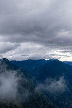 Moody Cloudy Mountain Landscape With Foggy Peaks Over Chilliwack BC Canada Wilderness