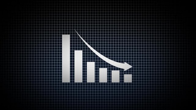 Declining White Bar Chart with Curved Downward Arrow on Dark Grid Background, Business Loss, Market Downturn, Financial Data Analysis and Performance Reduction Concept.