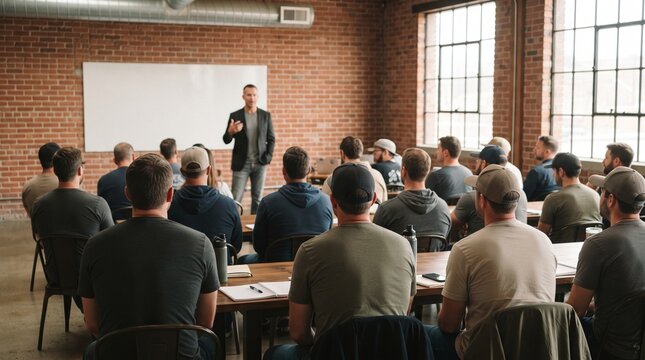Male speaker giving presentation in hall at university workshop. Audience or conference hall. Rear view of unrecognized participants in audience. Scientific conference event, training. Education