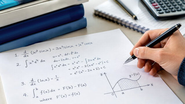 Close-up of a hand writing calculus notes with integrals, derivatives and a shaded area graph on a notebook beside books and a calculator