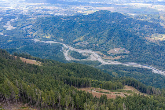 Aerial View Of Forested Valley And Meandering River Near Chilliwack, BC, Canada