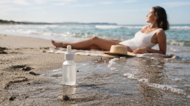 Skincare serum bottle on wet sand with woman relaxing on beach in background