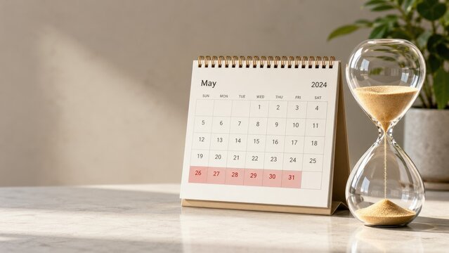 Desk calendar opened to May 2024 on a marble tabletop with a sand hourglass and potted plant bathed in warm sunlight