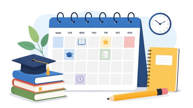 Desk scene with a weekly academic calendar, books, graduation cap, notebook, pencil and clock representing study planning and exam schedules