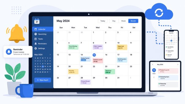 Modern digital calendar interface on a laptop showing May 2024 month view with color-coded events, notifications, cloud sync and matching mobile and tablet displays