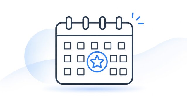 Small outlined calendar icon with a highlighted date marked by a blue star, minimalist flat design for event, reminder, scheduling and planning concepts
