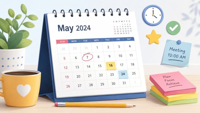 Desk calendar for May 2024 on a tidy workspace with circled dates, sticky notes, coffee mug, pencil, clock, plant and colorful stationery