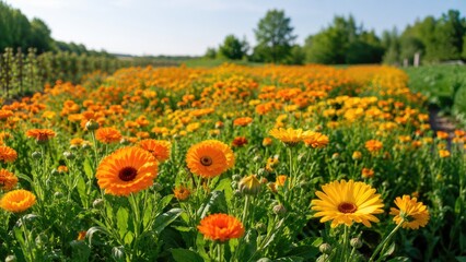 Fototapeta premium Sunlit field of vibrant orange and yellow calendula blooms across a cultivated garden landscape