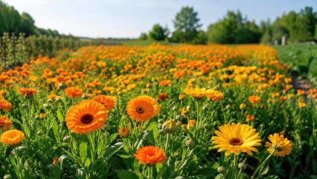 Sunlit field of vibrant orange and yellow calendula blooms across a cultivated garden landscape