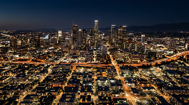 Nighttime aerial view of the los angeles downtown skyline with illuminated skyscrapers, glowing city streets, and busy highway traffic at night
