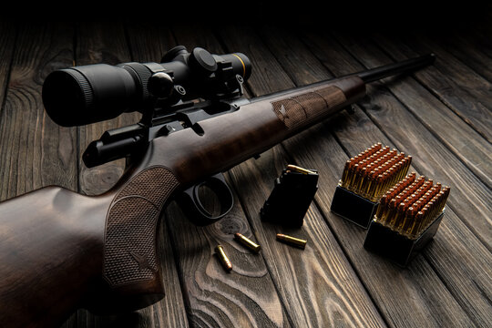 Modern small caliber rifle with ammunition