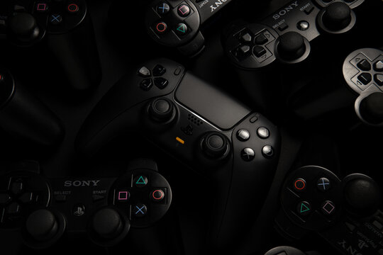 September 21, 2026, Odessa, Ukraine.  Black Sony PlayStation controllers collection closeup