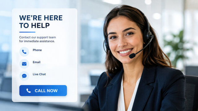 Smiling female customer service agent wearing a headset at an office desk beside a help contact panel showing phone, email, and live chat options