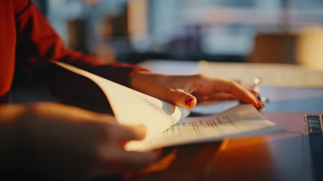 Hands flipping contract pages close up. Accountant checking documents office.