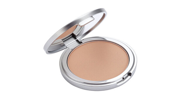Open compact face powder makeup case with mirror on isolated white background for beauty products