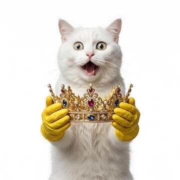 Funny Cat Meme Holding Gold Crown King Royal Shocked White Background