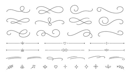 Obraz premium Set of elegant calligraphic flourishes, swashes and ornamental dividers with small decorative icons for design accents