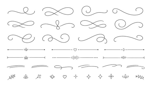 Set of elegant calligraphic flourishes, swashes and ornamental dividers with small decorative icons for design accents