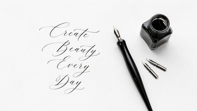 Elegant calligraphy setup with a dip pen, spare nibs, ink bottle and a handwritten inspirational quote on white paper