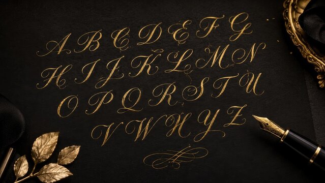 Elegant gold calligraphy uppercase alphabet on black paper with a fountain pen, gilded leaves and ornate tray showcasing ornamental script lettering