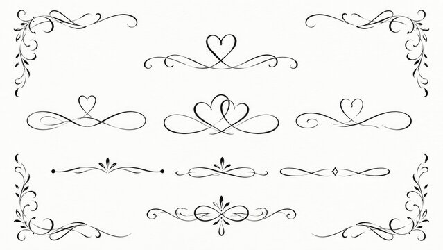 Set of elegant black ornamental flourishes and corner decorations with heart motifs on a white background