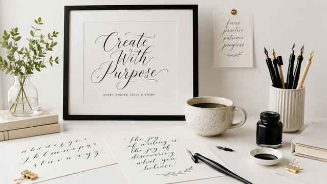 Minimal calligraphy workspace with framed inspirational art, dip pens, ink bottle, practice sheets, ceramic coffee mug and green foliage on a bright neutral desk