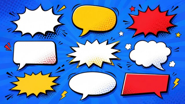 Colorful pop-art comic speech and thought bubbles on a blue halftone background