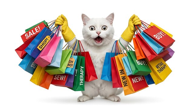 Funny Cat Meme Holding Shopping Bags Retail Shocked Expression White