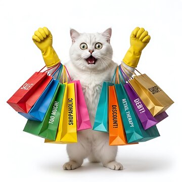 Funny Cat Meme Holding Shopping Bags Retail Shocked Expression White
