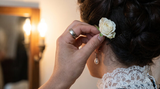 Woman adjusting flower hair accessory before mirror in elegant setting  