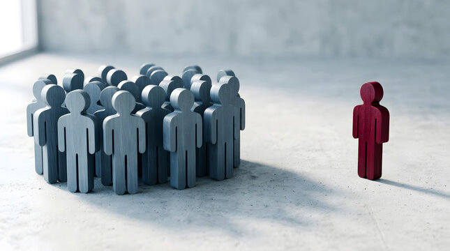 One red figure standing apart from a group of grey figures