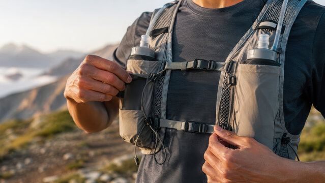Customizable sports gear vest for trail runner with hydration bottle pockets, chest straps and mountain landscape during outdoor adventure training