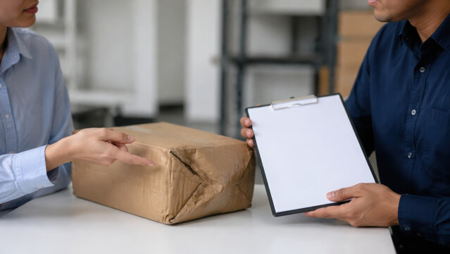 Damaged package inspection shows delivery worker reviewing torn cardboard box with concerned customer at warehouse counter