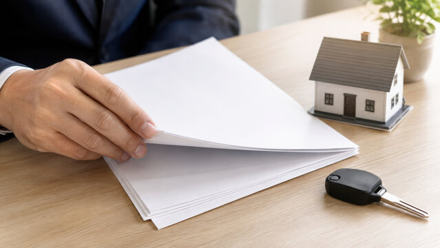 Legal paperwork template for home purchase with house model and key