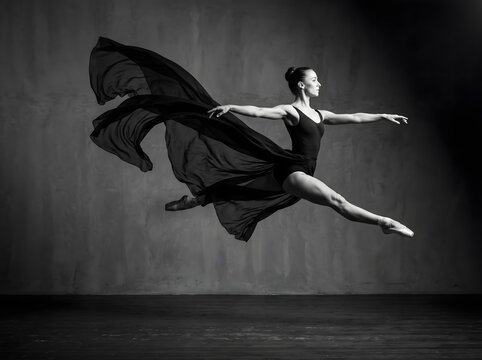 Elegant ballerina performing dynamic leap with flowing fabric in black and white