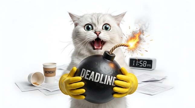 Funny Cat Meme Holding Bomb Stress Deadline Shocked Expression White