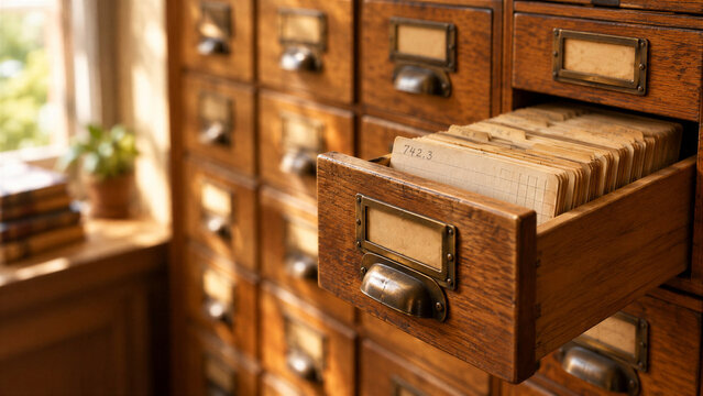 Vintage wooden library card catalog drawer with old paper index cards. Perfect for retro data storage concepts, academic research history, and nostalgic library interior design.