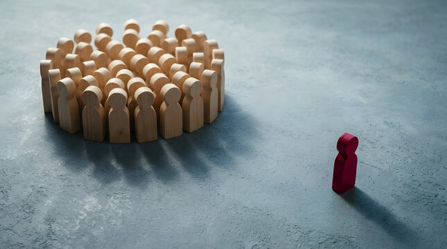One red wooden figure standing apart from a crowd of others