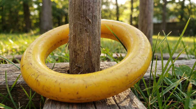 Yellow ring toss game on a wooden post in a grassy field  