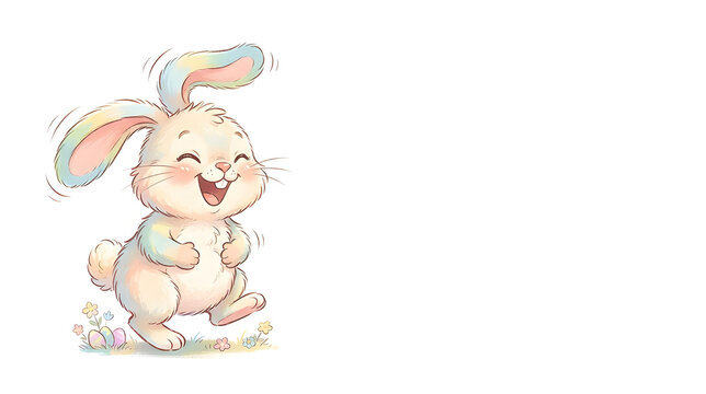 Funny Easter Bunny Laughing &mdash; Cute fluffy Easter bunny laughing with eyes closed, holding its belly, long floppy ears bouncing, exaggerated joyful expression, hand-drawn cartoon illustration, 