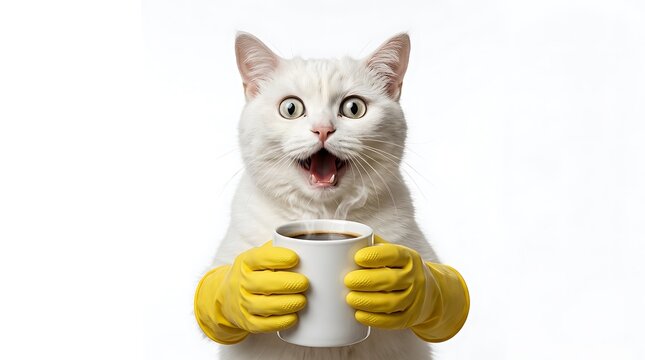 Funny Cat Meme Holding Coffee Cup Monday Shocked Expression White Background