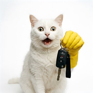 Funny Cat Meme Holding Car Keys New Car Shocked Expression White Background