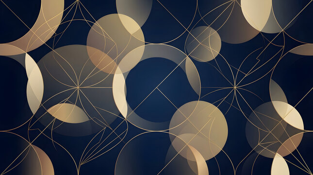 Abstract background of overlapping gold circles and dotted light patterns on dark blue with luxury background