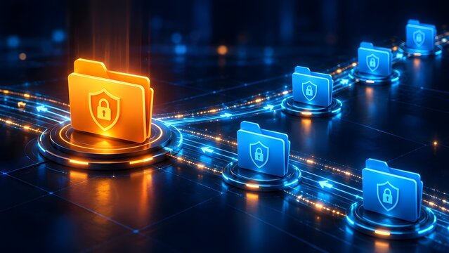 Secure digital data transfer pipeline distributing encrypted information from a glowing orange locked folder to connected blue folders