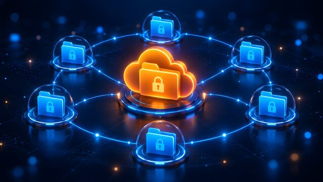 Secure cloud computing network featuring a central locked cloud folder surrounded by protected digital folders inside glass domes