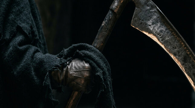 Mysterious figure holding a rusty scythe in a dark setting  