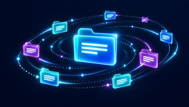 Digital data management concept showing a central glowing blue folder surrounded by orbiting folders connected by light trails representing network synchronization