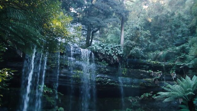 Russell Falls tumbling over tiered rock ledges into a fern-lined pool in Mount Field National Park, Tasmania, Australia, surrounded by lush temperate rainforest.