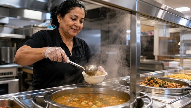 Cafeteria worker ladling steaming soup into a bowl in a commercial kitchen